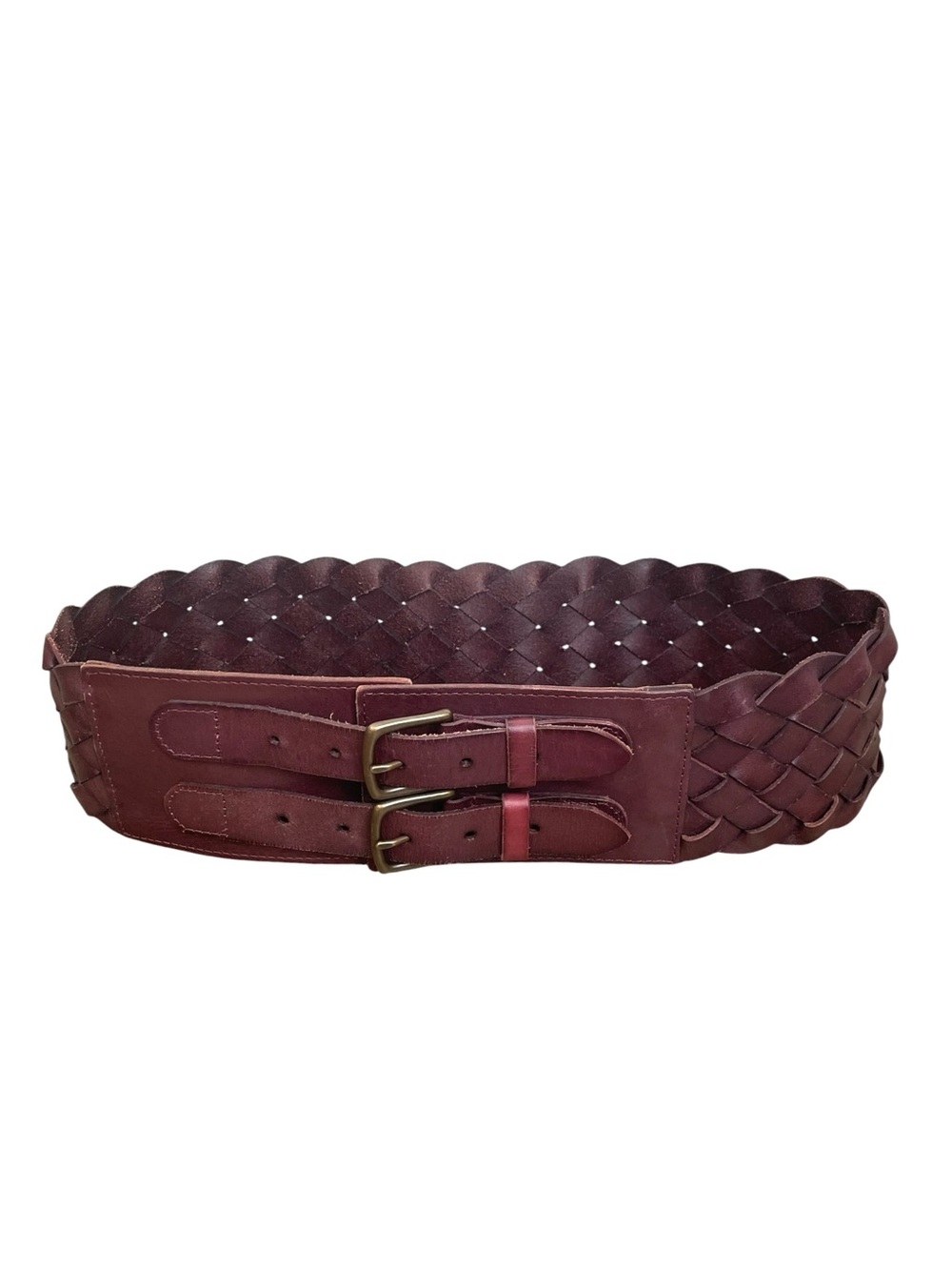 Linea Pelle Burgundy Brown Leather Woven Double Buckle Belt Large